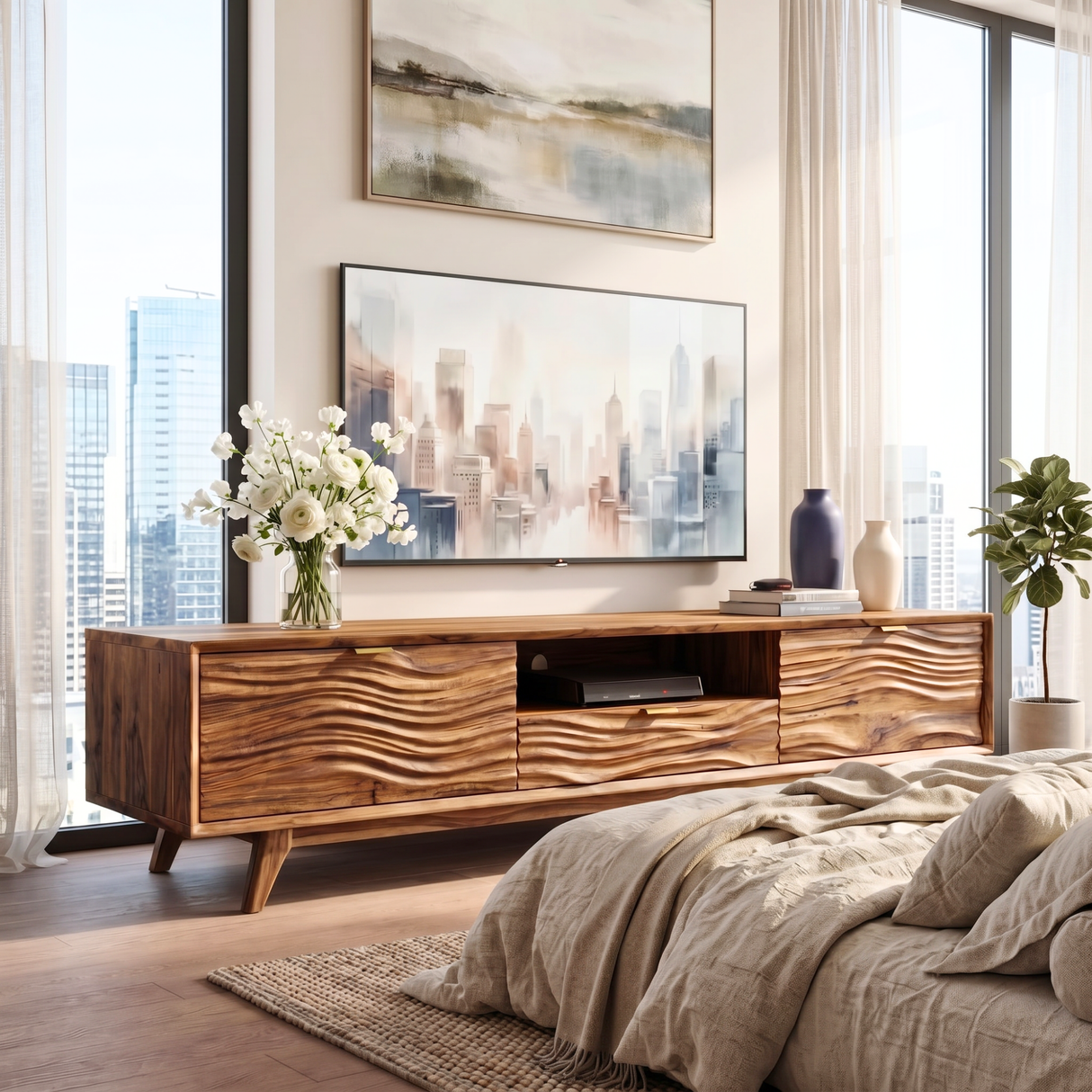 Solid Wood TV Stand with Wave Carved Doors and Mid-Century Legs