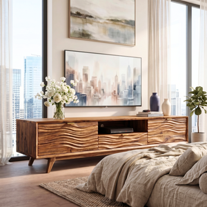 Solid Wood TV Stand with Wave Carved Doors and Mid-Century Legs