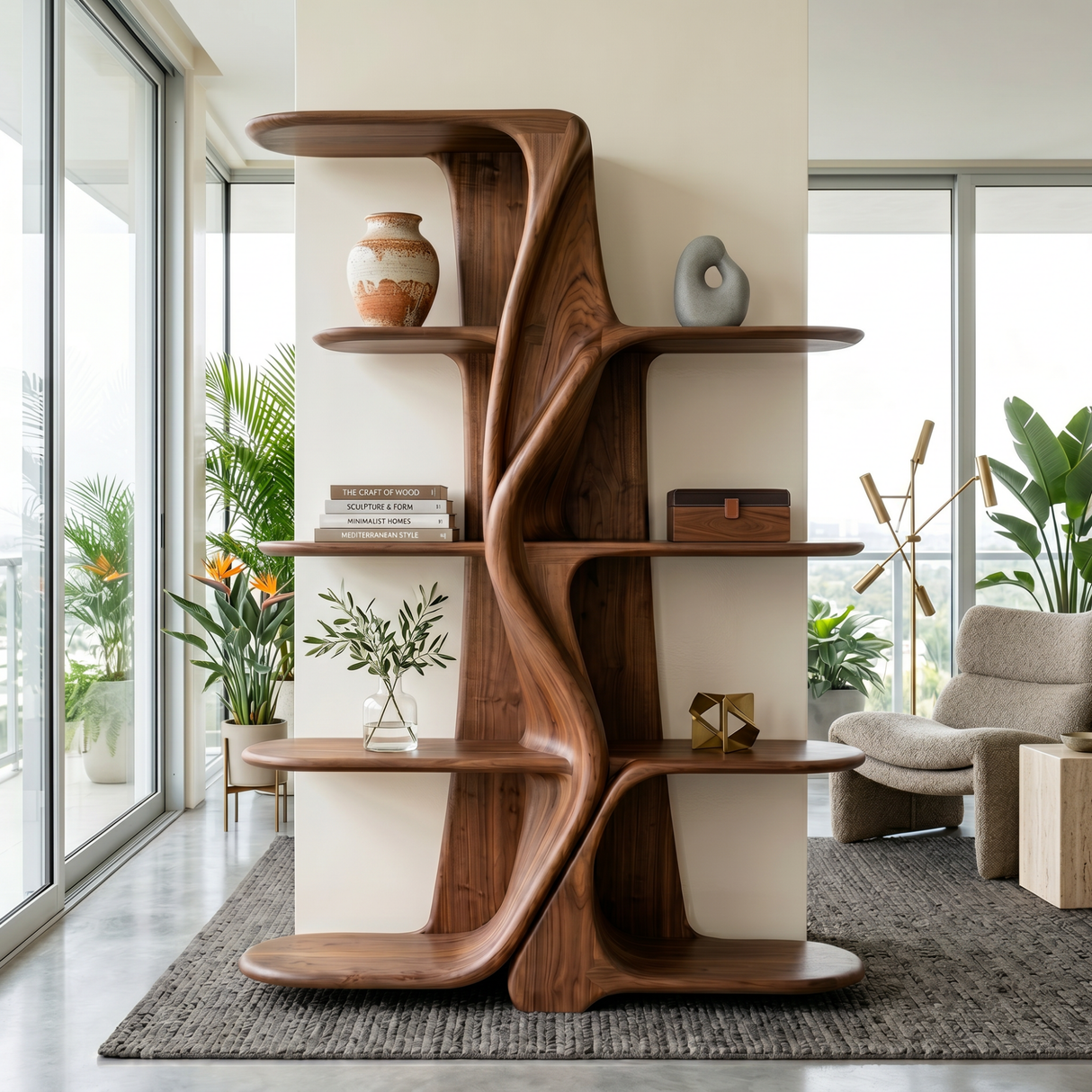 Organic Solid Wood Kitchen Display Shelf with Flowing Center Support