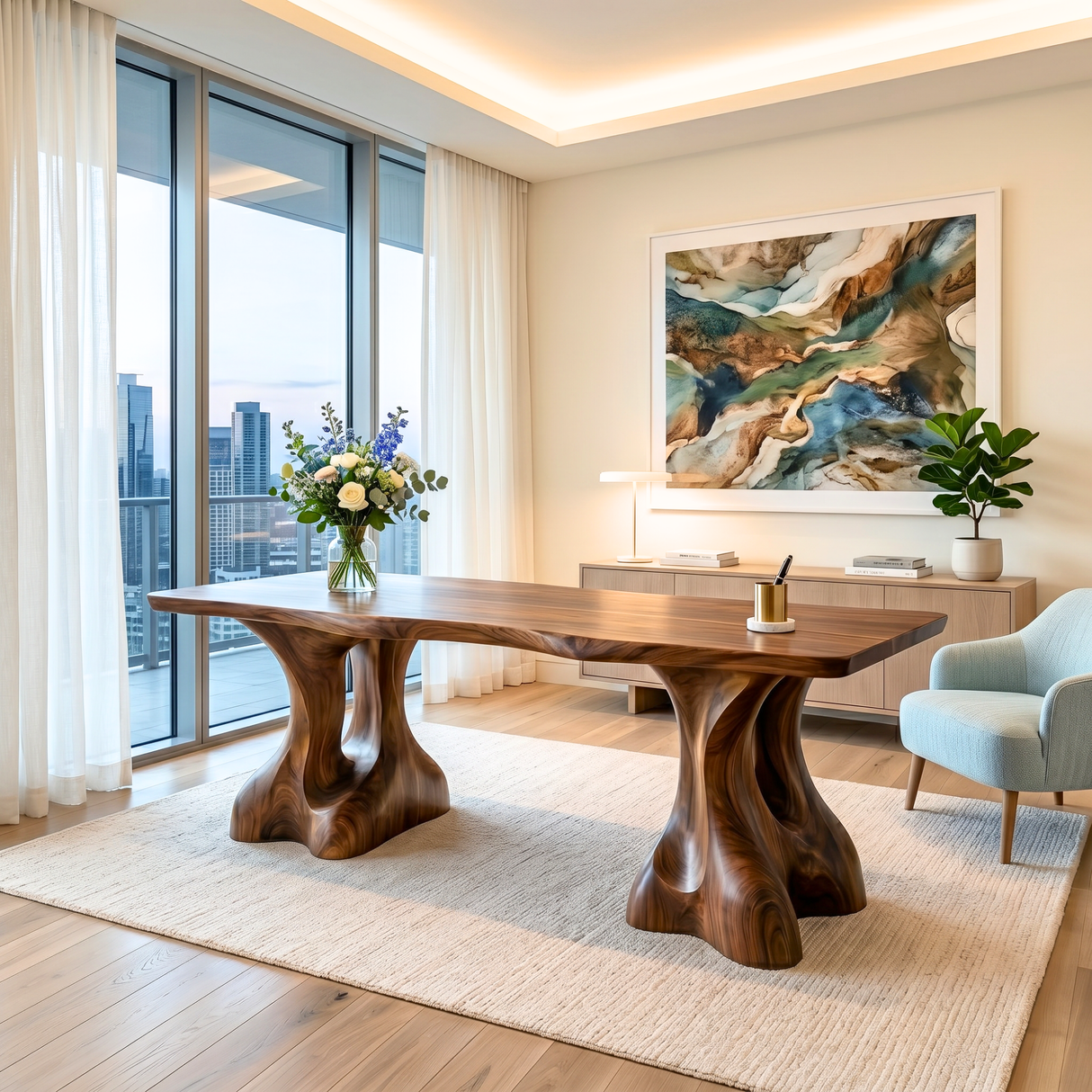 Organic Solid Wood Desk with Sculptural Twin Pedestal Base
