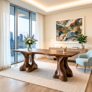 Organic Solid Wood Desk with Sculptural Twin Pedestal Base