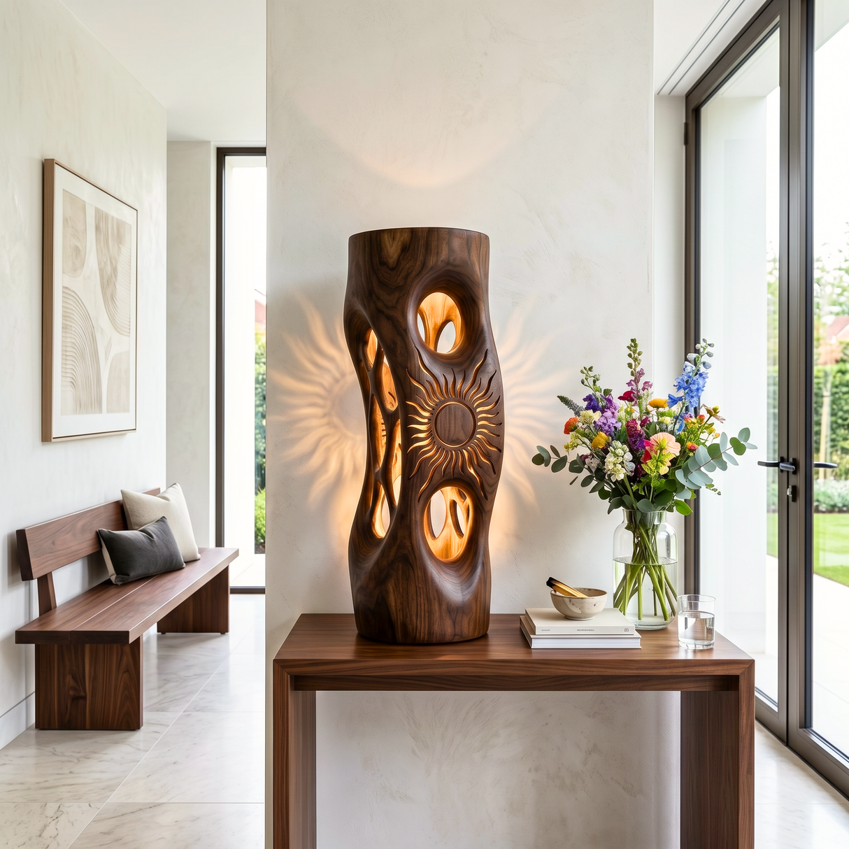 Sunlit Halo Wood Table Lamp with Organic Cutouts