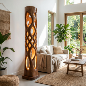 Solid Wood Column Floor Lamp with Lattice Cutout Design and Warm Inner Glow