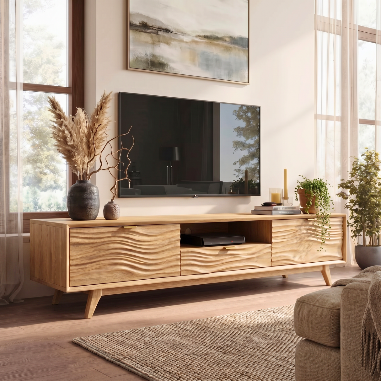 Solid Wood TV Stand with Wave Carved Doors and Mid-Century Legs