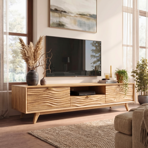 Solid Wood TV Stand with Wave Carved Doors and Mid-Century Legs