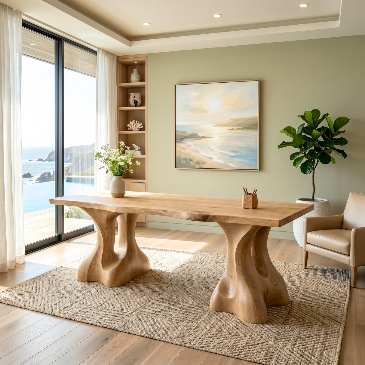 Organic Solid Wood Desk with Sculptural Twin Pedestal Base