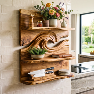 Ocean Wave Wood Wall Shelf with Three Display Tiers