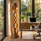 Solid Wood Column Floor Lamp with Lattice Cutout Design and Warm Inner Glow