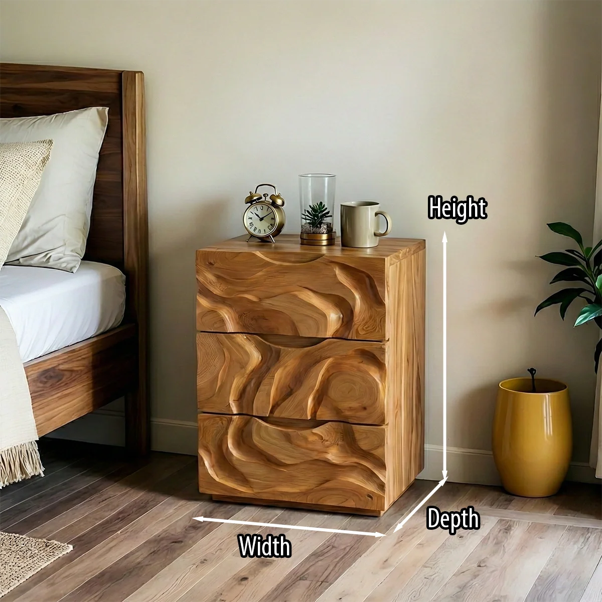 Sculptural Solid Wood Bedside Cabinet with Carved Texture