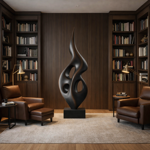 Tall Openwork Solid Wood Flame Sculpture with Plinth for Modern Living Rooms