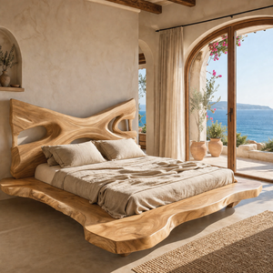 Handcrafted Solid Wood Live Edge Bed with Sculptural Open-Form Headboard