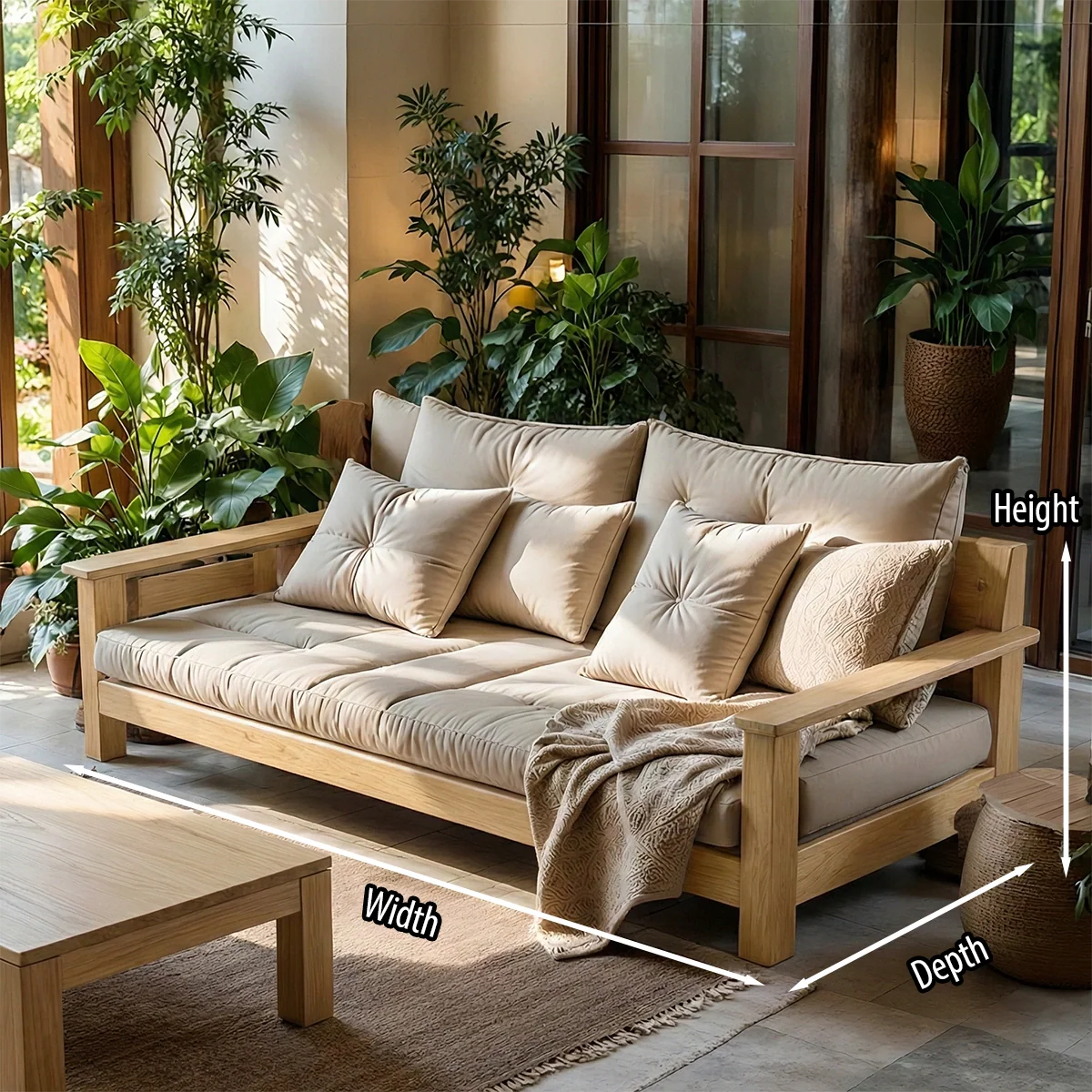 Natural Oak Sofa with Plush Linen Cushions for Organic Modern Interiors