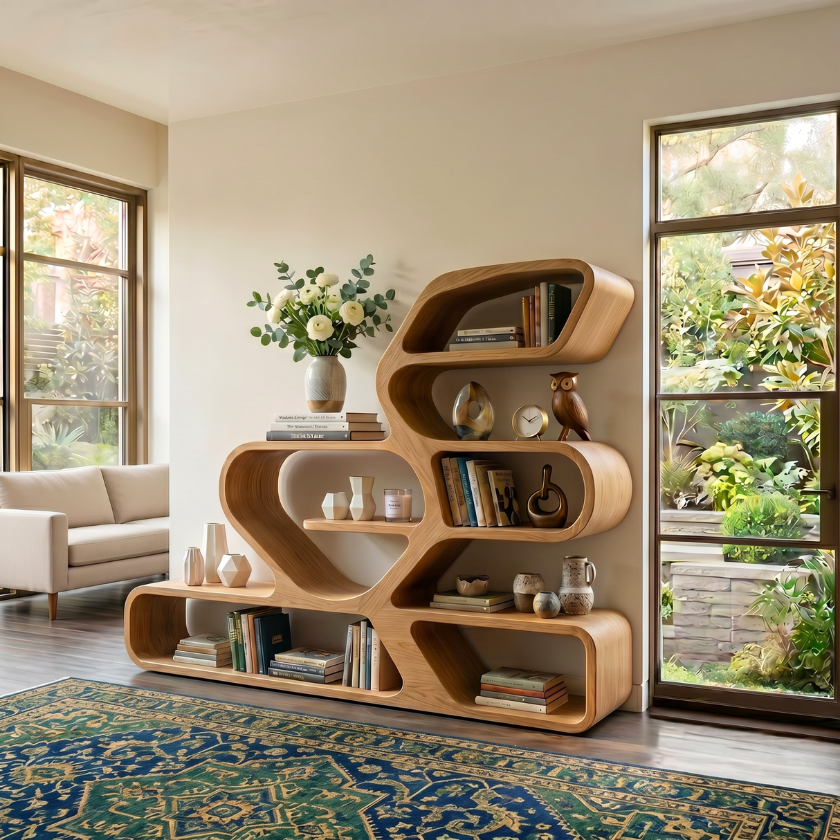 Organic Solid Wood Bookshelf with Flowing Freeform Shelves
