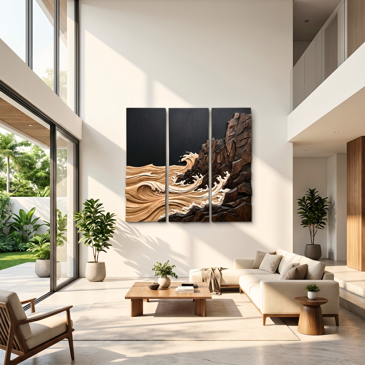 Rocky Shoreline Wave Triptych Wood Wall Sculpture