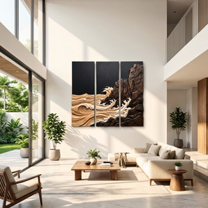 Rocky Shoreline Wave Triptych Wood Wall Sculpture