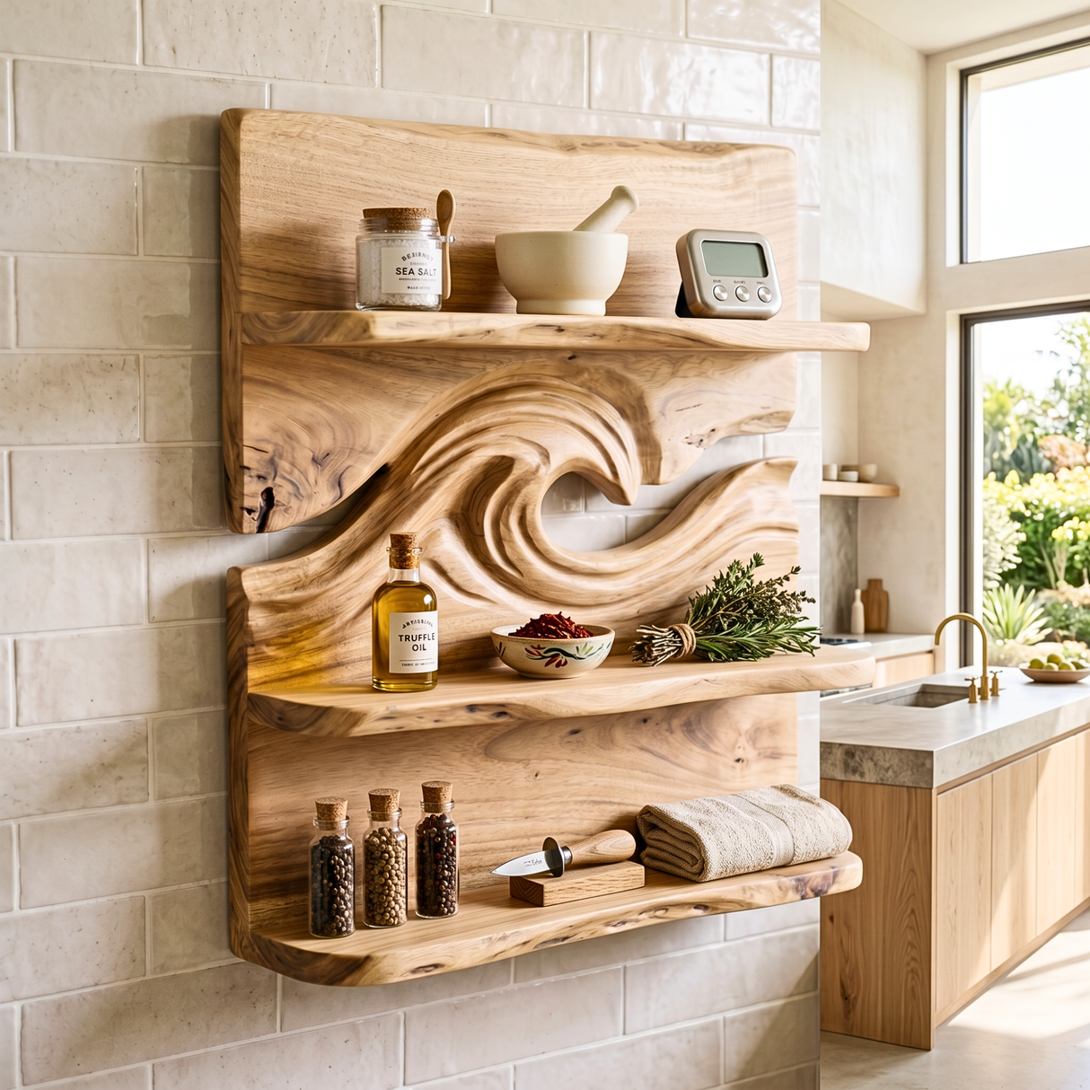 Ocean Wave Wood Wall Shelf with Three Display Tiers