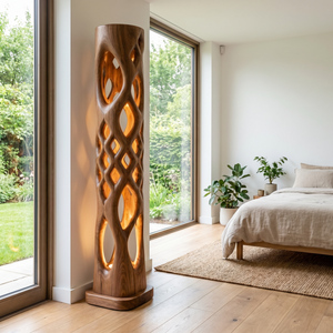 Solid Wood Column Floor Lamp with Lattice Cutout Design and Warm Inner Glow