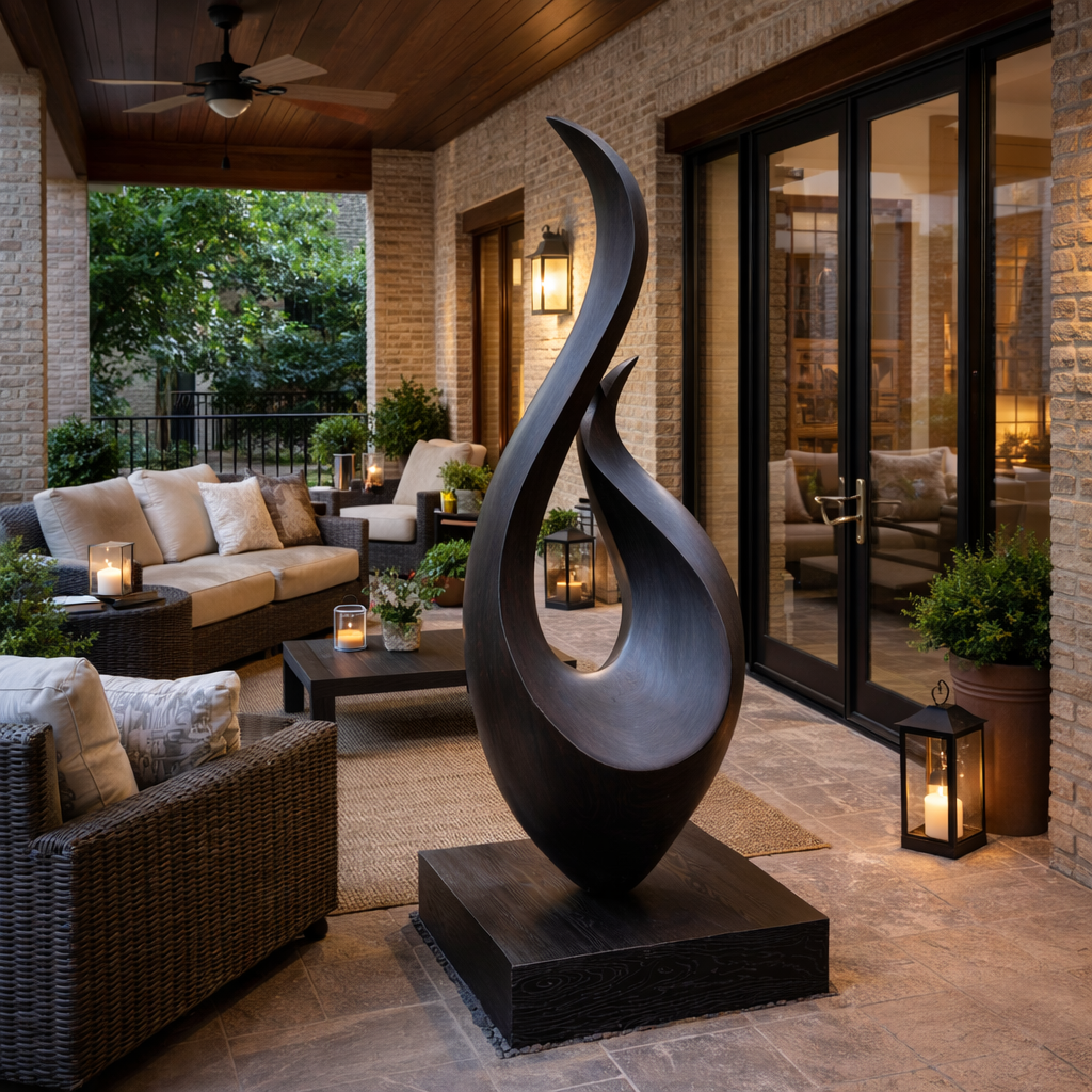 Large Outdoor Solid Wood Flame Sculpture with Plinth for Courtyards and Modern Gardens