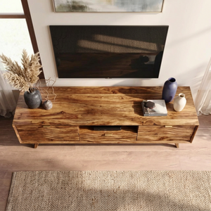 Solid Wood TV Stand with Wave Carved Doors and Mid-Century Legs