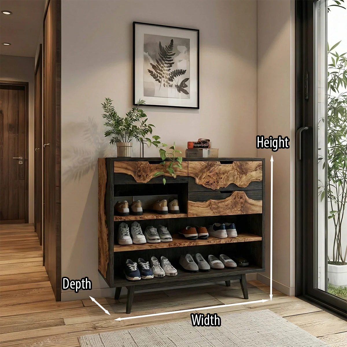 Live Edge Solid Wood Shoe Storage Cabinet for Organic Modern Entryway