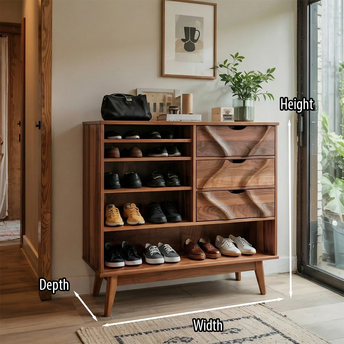 Solid Wood Entryway Shoe Cabinet with Drawers and Open Shelves Mid-Century Storage Organizer