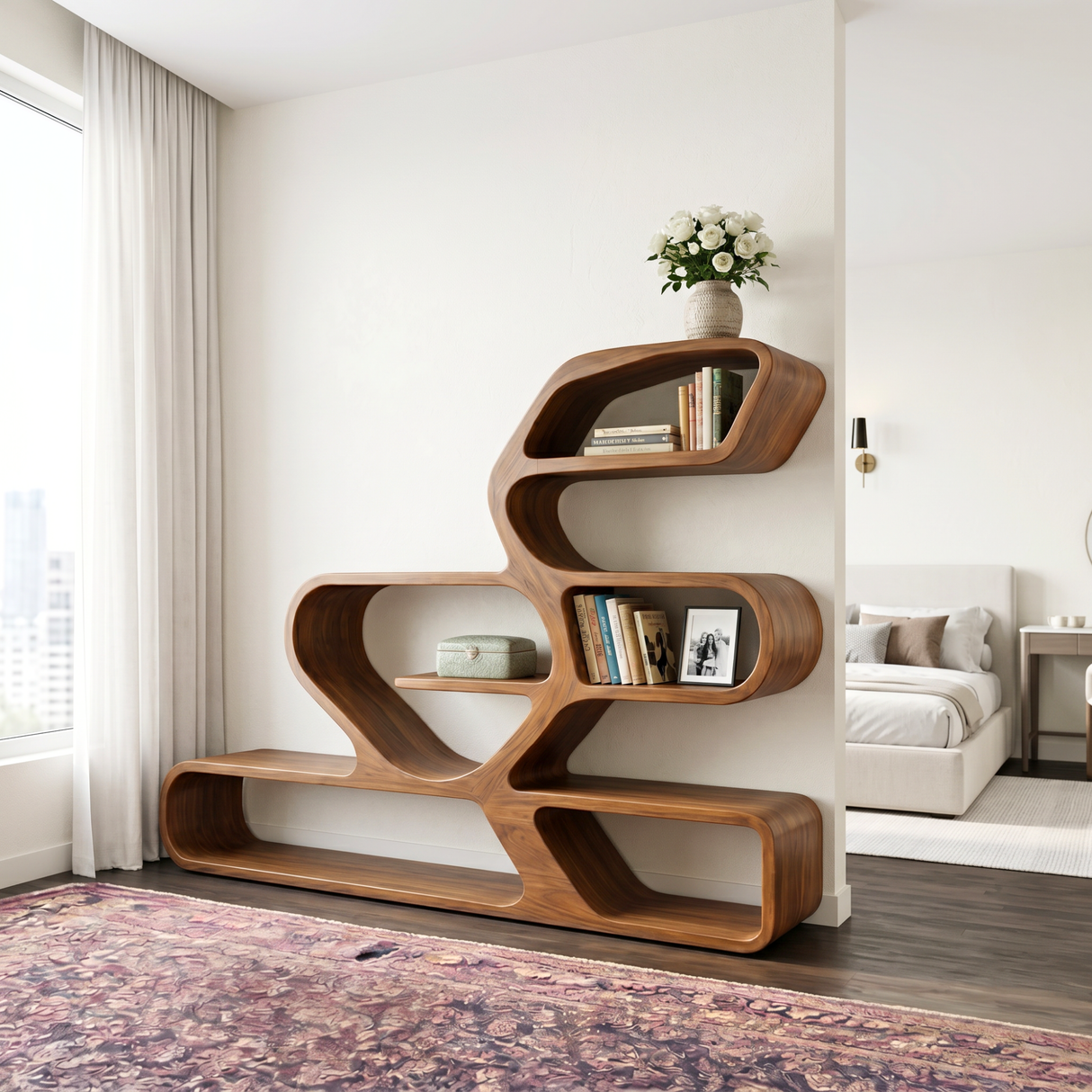 Organic Solid Wood Bookshelf with Flowing Freeform Shelves