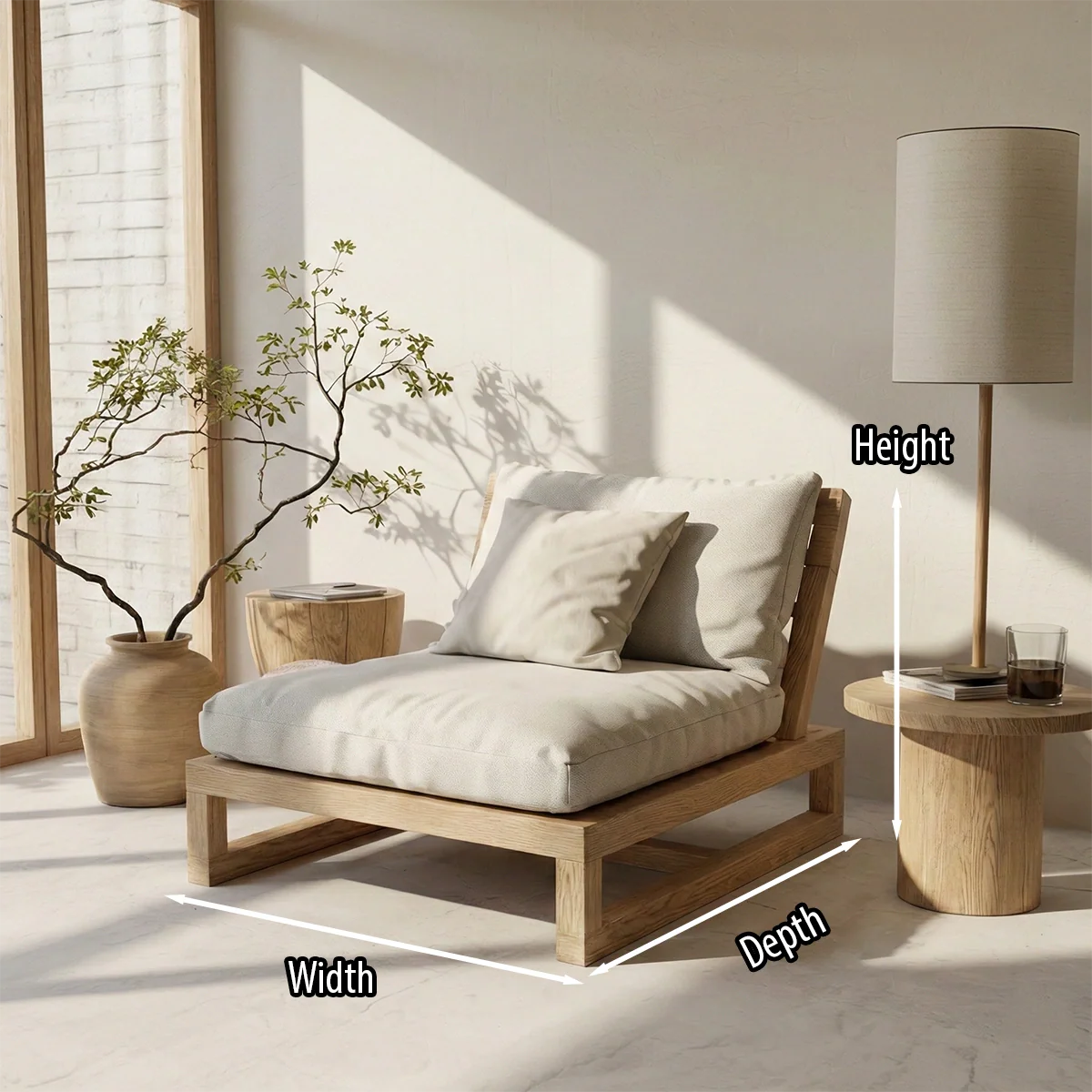 Low Solid Wood Lounge Chair with Cushion Japandi Floor Chair