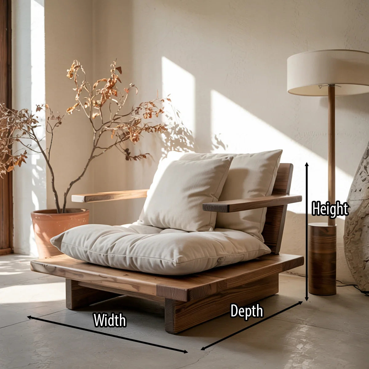 Low Solid Wood Floor Lounge Chair with Arms Japandi Wooden Accent Chair