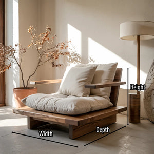 Low Solid Wood Floor Lounge Chair with Arms Japandi Wooden Accent Chair