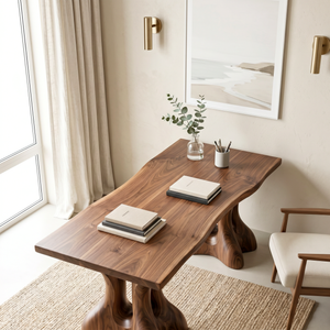 Organic Solid Wood Desk with Sculptural Twin Pedestal Base