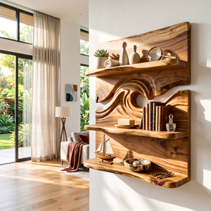 Ocean Wave Wood Wall Shelf with Three Display Tiers