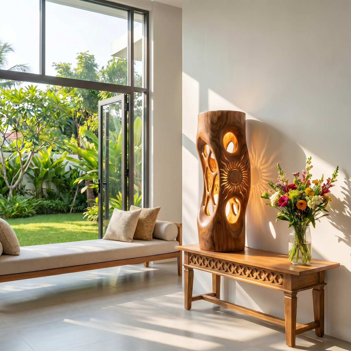 Sunlit Halo Wood Table Lamp with Organic Cutouts