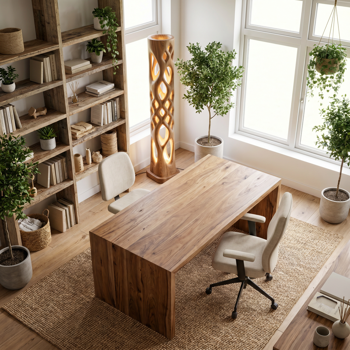 Solid Wood Column Floor Lamp with Lattice Cutout Design and Warm Inner Glow