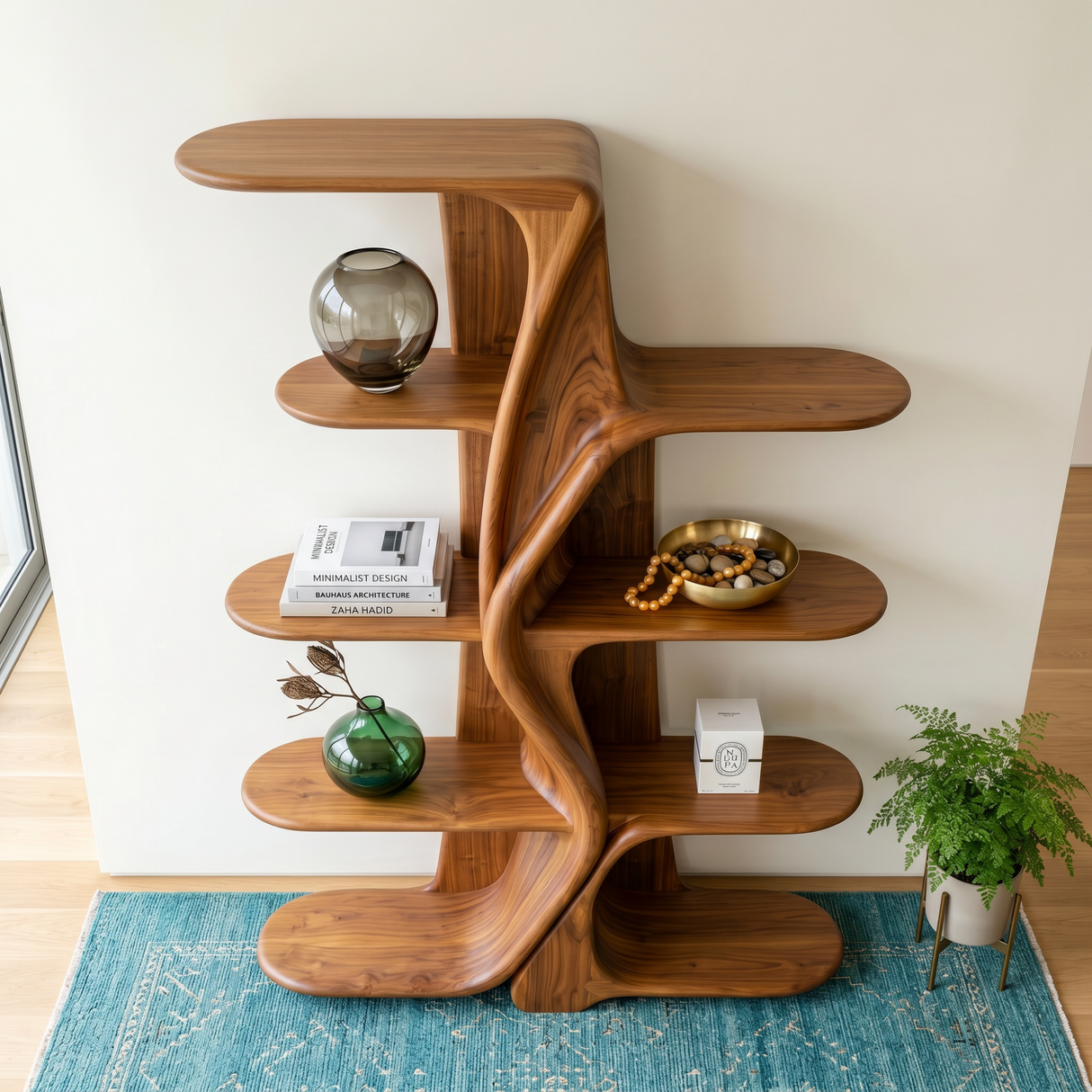 Organic Solid Wood Kitchen Display Shelf with Flowing Center Support
