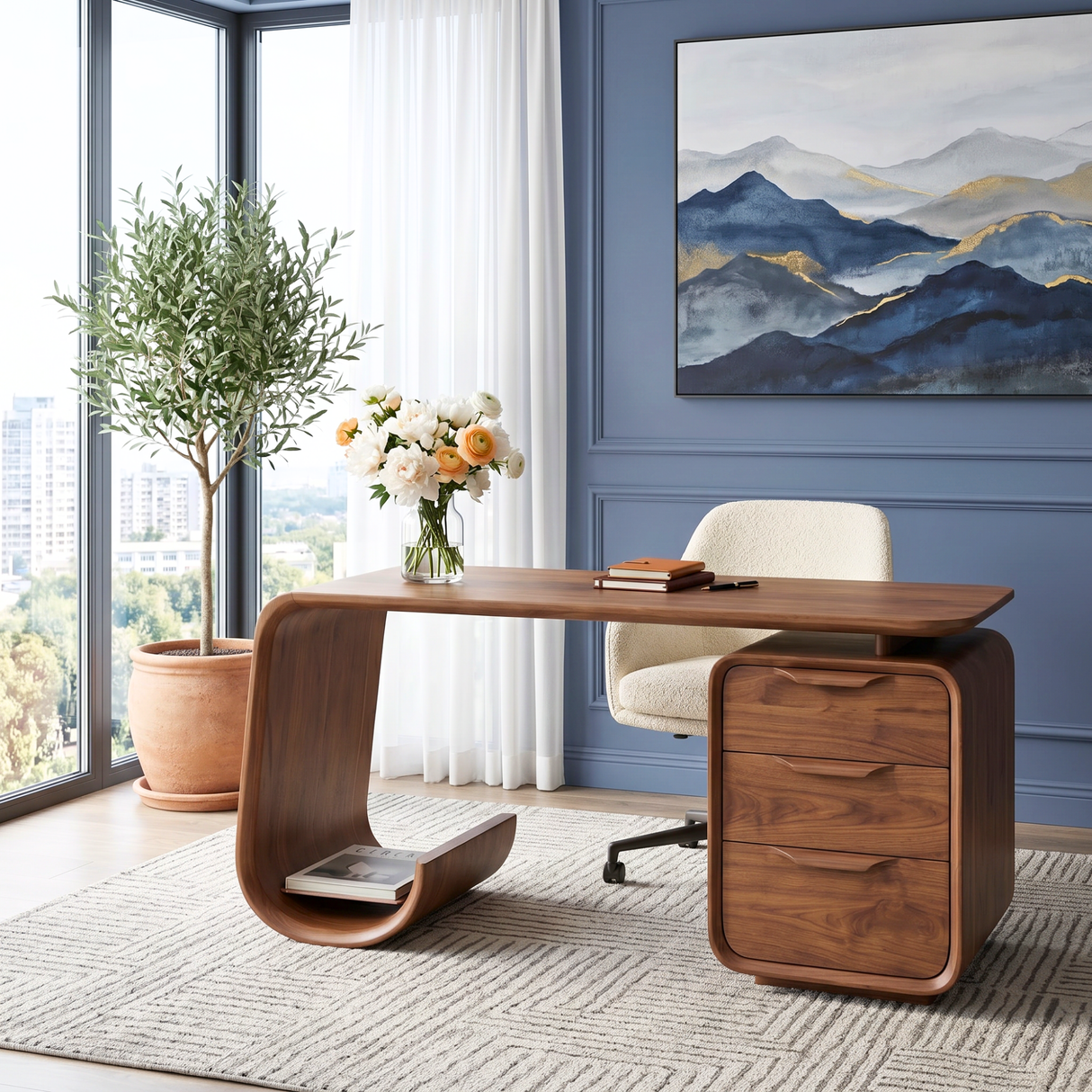Organic Solid Wood Desk with Waterfall Shelf and Drawer Pedestal