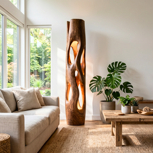 Tall Solid Wood Floor Lamp with Sculptural Open-Cut Body and Warm Interior Light