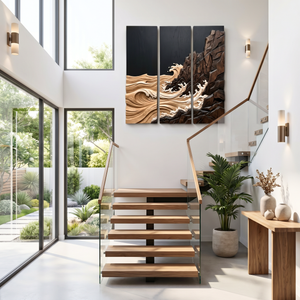 Rocky Shoreline Wave Triptych Wood Wall Sculpture