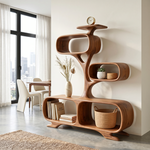 Organic Solid Wood Display Shelf with Tree-Inspired Open Compartments