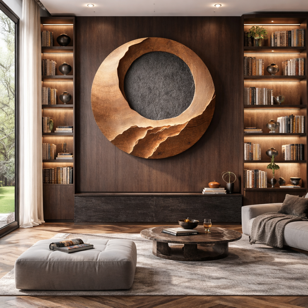 Modern Round Solid Wood Wall Sculpture for Living Room Display