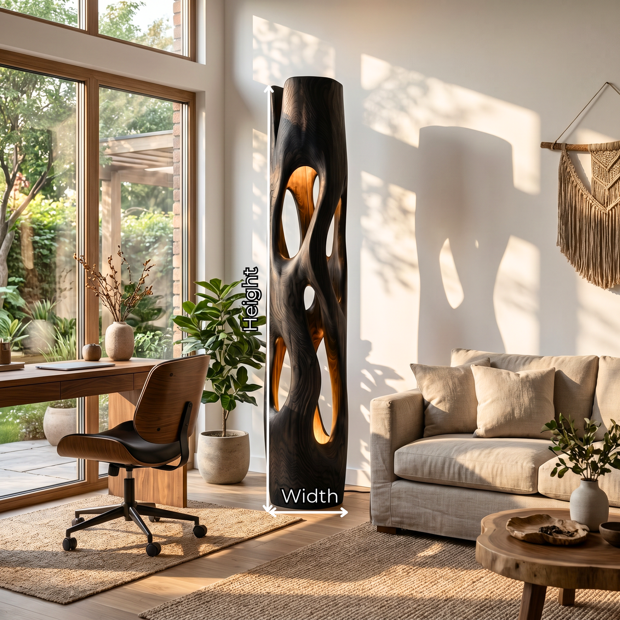 Tall Solid Wood Floor Lamp with Sculptural Open-Cut Body and Warm Interior Light