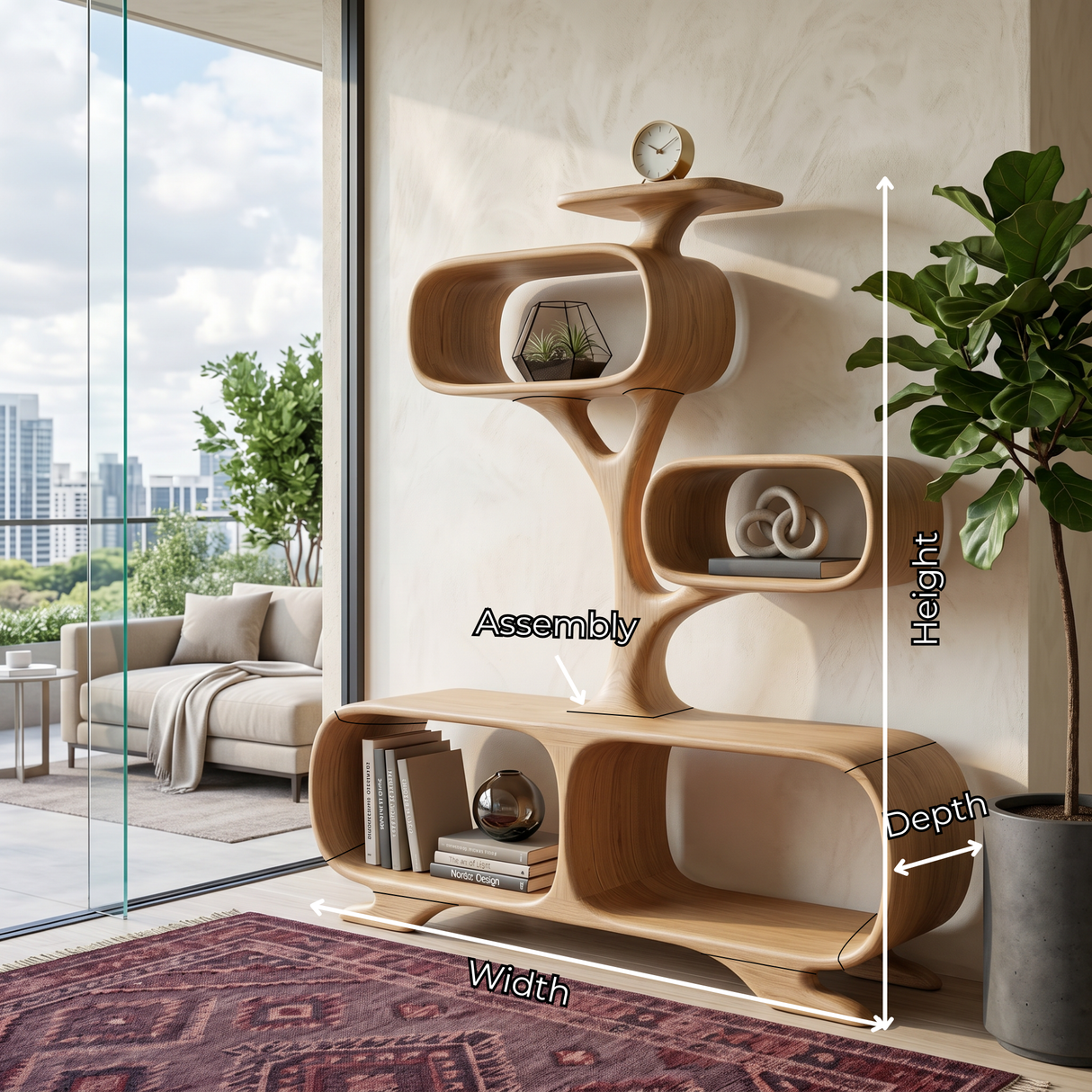 Organic Solid Wood Display Shelf with Tree-Inspired Open Compartments