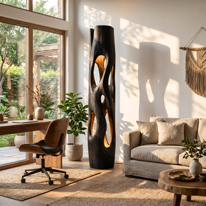 Tall Solid Wood Floor Lamp with Sculptural Open-Cut Body and Warm Interior Light