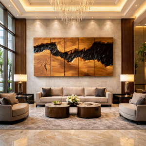 Large Solid Wood River Horizon Panel Wall Sculpture for Modern Living Rooms