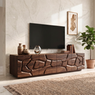 Solid Wood TV Console with Geometric Carved Door Fronts
