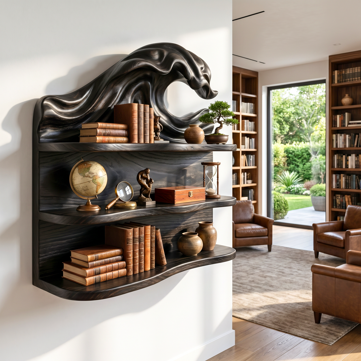 Ocean Wave Wood Wall Shelf with Three Storage Tiers