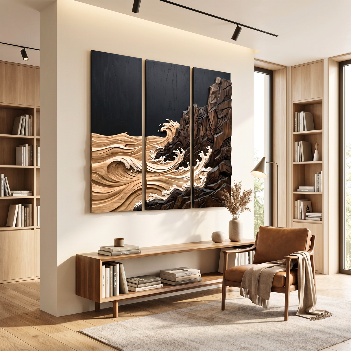 Rocky Shoreline Wave Triptych Wood Wall Sculpture