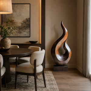 Handcrafted Solid Wood Twin Flame Floor Sculpture for Living Room Decor