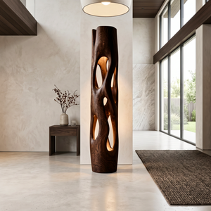Tall Solid Wood Floor Lamp with Sculptural Open-Cut Body and Warm Interior Light