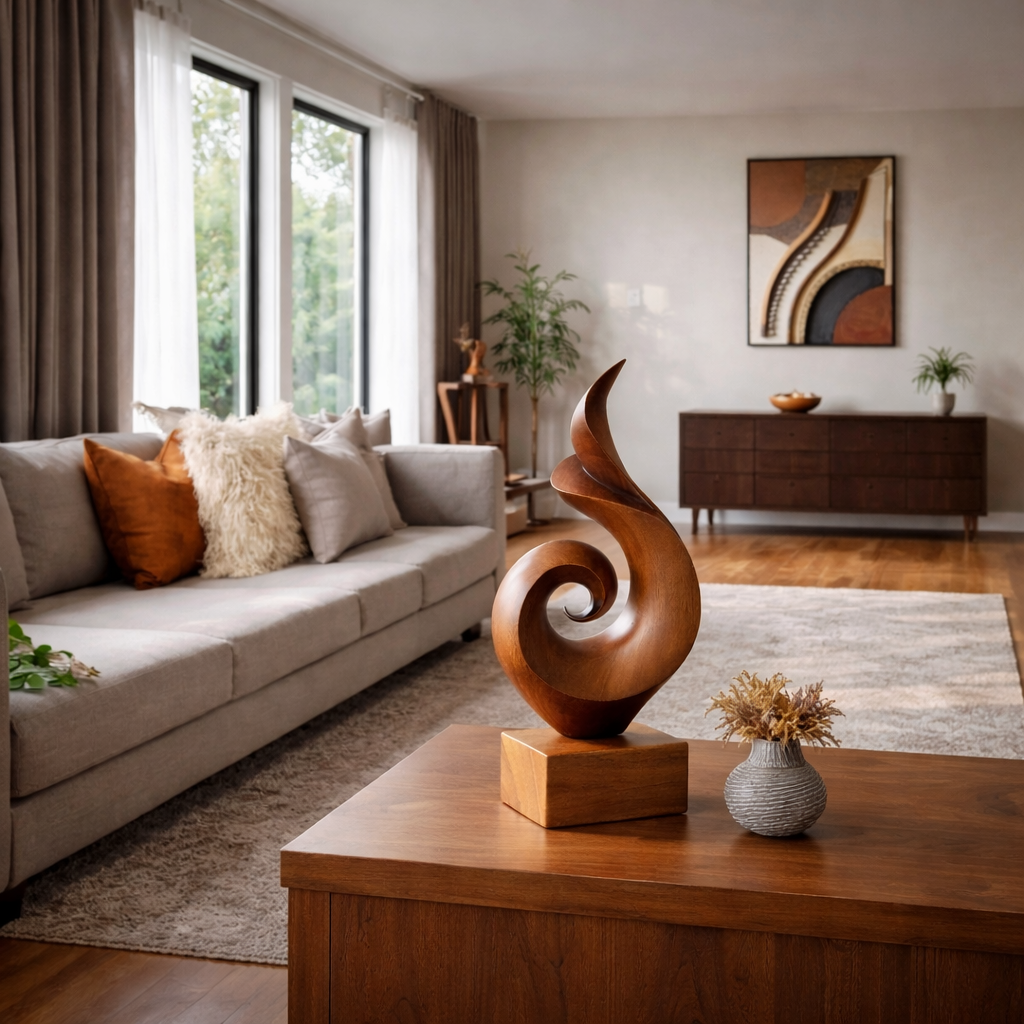 Handmade Abstract Spiral Wood Sculpture Modern Minimalist Tabletop Art Decor