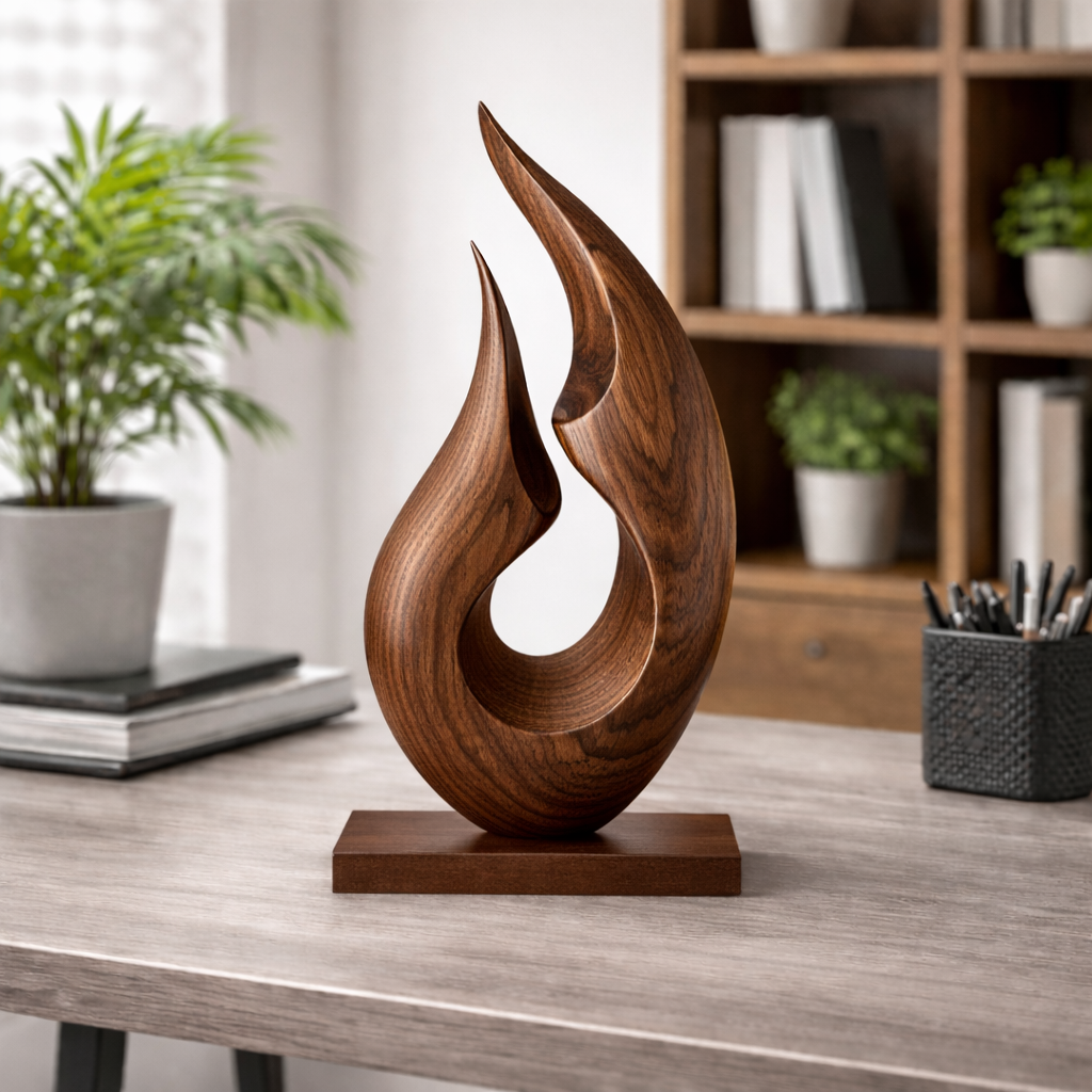 Abstract Flame Wood Sculpture Modern Handmade Tabletop Art Decor